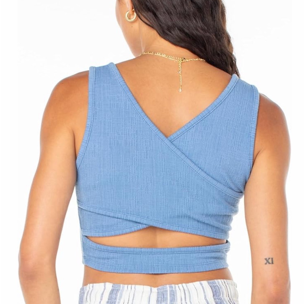Roxy Good Keepsake Blue Crisscross Back Sleeveless Textured Tank Crop Top Xxl